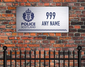 Cartello in metallo spazzolato personalizzato della Polizia scozzese - Nome e numero di collare personalizzati / Design ufficiale dello stemma / Regalo o esposizione della polizia