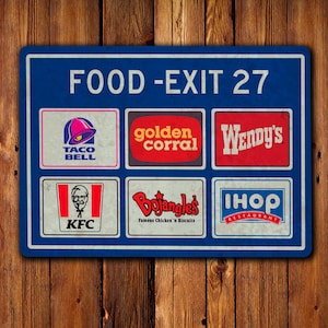 高速道路のサービス ステーションの標識、食品、レストラン、ウェンディーズ、KFC、ボージャングルズ、タコベル - 米国の標識、道路標識、記念品、交通、お土産