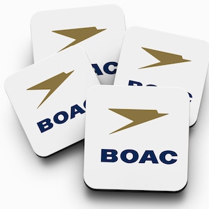 BOAC - Set of 4 wooden coasters, aviation, cabin crew, flight, airplane, aeroplane, pilot, aircraft, retro, London