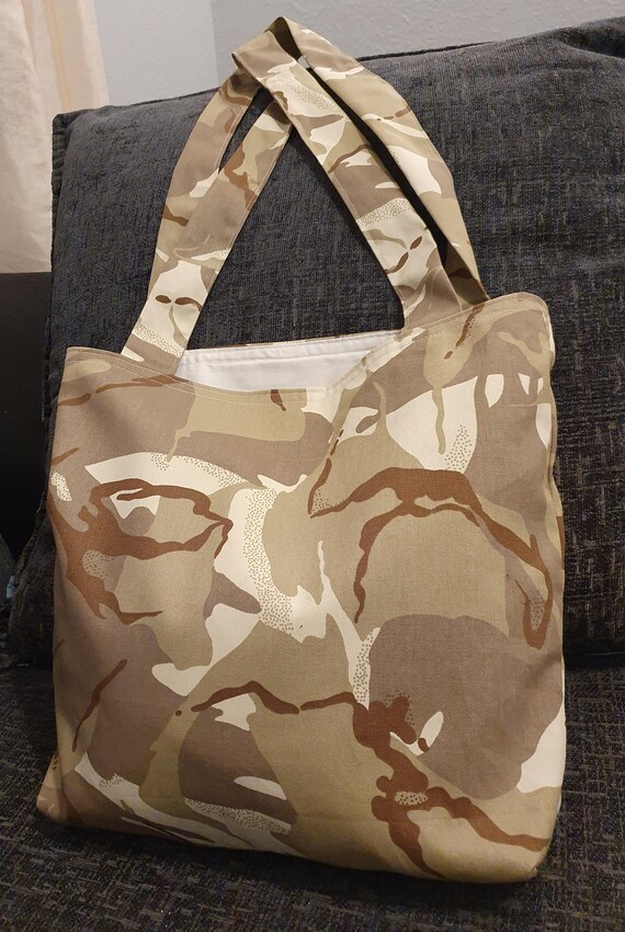 Green Camo Cotton Tote Bag Fully Lined With Inside Pocket Etsy