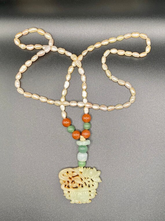 Vintage Seed Pearl & Chinese Jade Necklace Gem