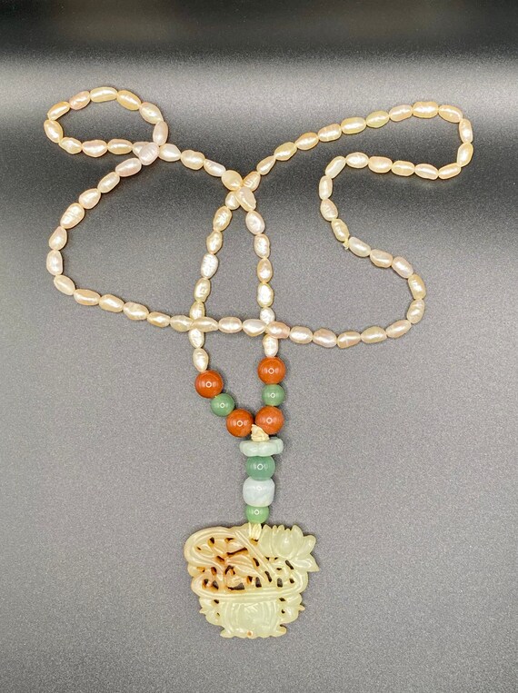 Vintage Seed Pearl & Chinese Jade Necklace - image 2