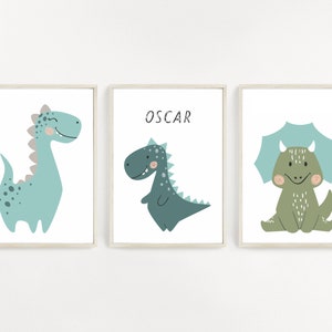 Personalised Dinosaur Prints, Set of 3 Prints, Boys Prints, Girls Prints, Nursery Decor, Home Decor, Wall Decor, Name Print afbeelding 1