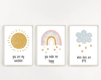 Rainbow Nursery Prints, Set of 3 Prints, Nursery Decor, Name Print, Children’s Prints, Boho Nursery, You Are My Sunshine