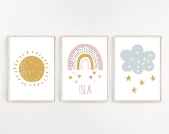 Personalised Nursery Print, Rainbow Nursery Print, Nursery Prints, Set of 3 Prints, Nursery Decor, Name Print, Children’s Prints