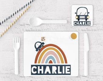 Personalised Children's Placemat and Coaster Set, Fun Car and Rainbow Design, Personalised Gift for Kids, Boy and Girl Gifts