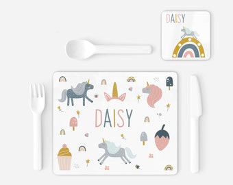 Personalised Children's Placemat and Coaster Set, Pretty Unicorn Design, Personalised Gift for Kids, Boy and Girl Gifts