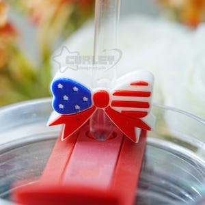 Patriotic USA Bow Straw Topper, Star Straw Caps, Red Blue and White Straw Cover, Water Bottle Charm, 4th Of July Memorial Day
