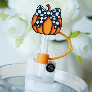 Cubierta de pajita con forma de calabaza de ajedrez, adorno de pajita con forma de calabaza y lazo, tapas para pajitas, tapa de pajita de 10 mm, adorno para pajita de niña, accesorios para vasos