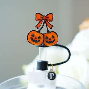 Cherry Pumpkin Straw Topper, Straw Cover Fits 10mm, Halloween Straw Charm, Straw Topper for Cup, Tumbler Accessory, Gift for Kids