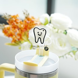 Personalized Straw Topper with Initial, Tooth Straw Cap, Tumbler Straw Cover, Straw Charm, Dental Assistant, Tooth Decor,  Cup Accessory