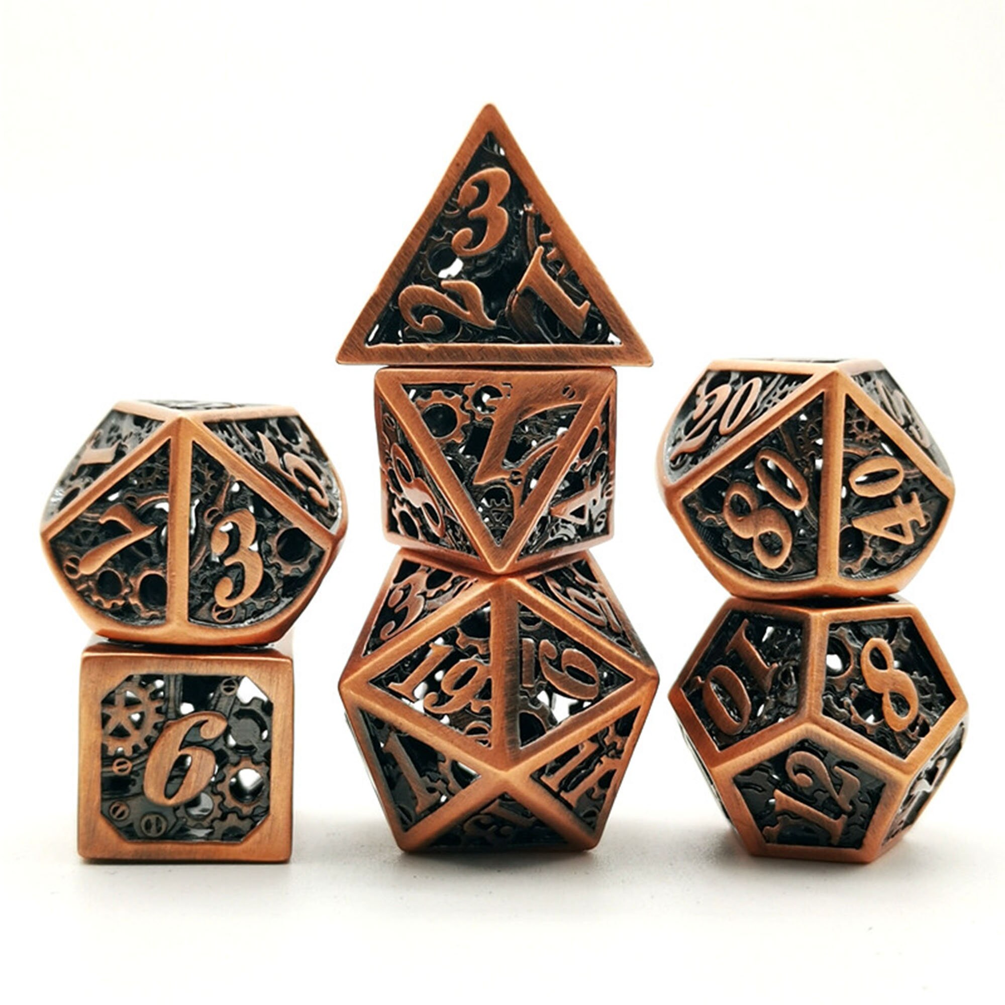 Hollow Octopus Metal Dice Set For D&D - 7-Piece Polyhedral RPG Gaming Dice In Ancient Bronze