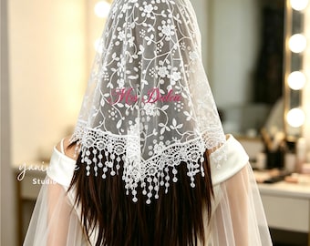 Custom Floral Lace Chapel Veil, Mantilla Headscarf, Tassel Lace Head Cover, Embroidered Head Covering, Wedding Hair Accessory
