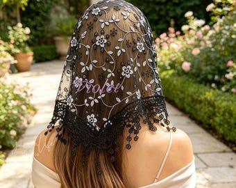 Embroidered Floral Lace Veil, Fringed Lace Headscar, Cute Head Cover, Wedding Accessory, Women’s Head Wrap, Vacation HeadKerchief