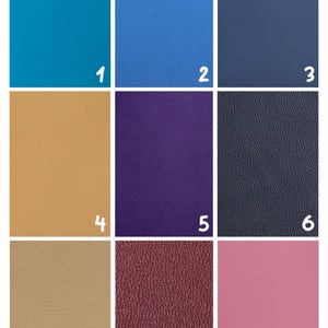 May include: Nine color swatches in a grid. The colors include teal, blue, navy, tan, purple, dark blue, light tan, burgundy, and pink. Each swatch has a slightly textured surface.