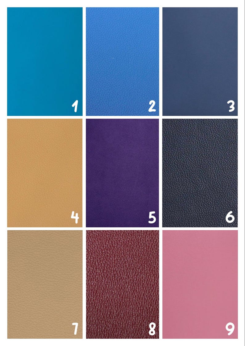 May include: Nine color swatches in a grid. The colors include teal, blue, navy, tan, purple, dark blue, light tan, burgundy, and pink. Each swatch has a slightly textured surface.