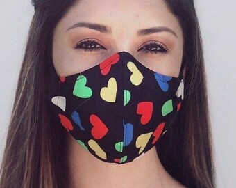 Colorful Hearts on Black Face Mask, Nose wire | Quality | Reusable | Multi Colored | Hearts |