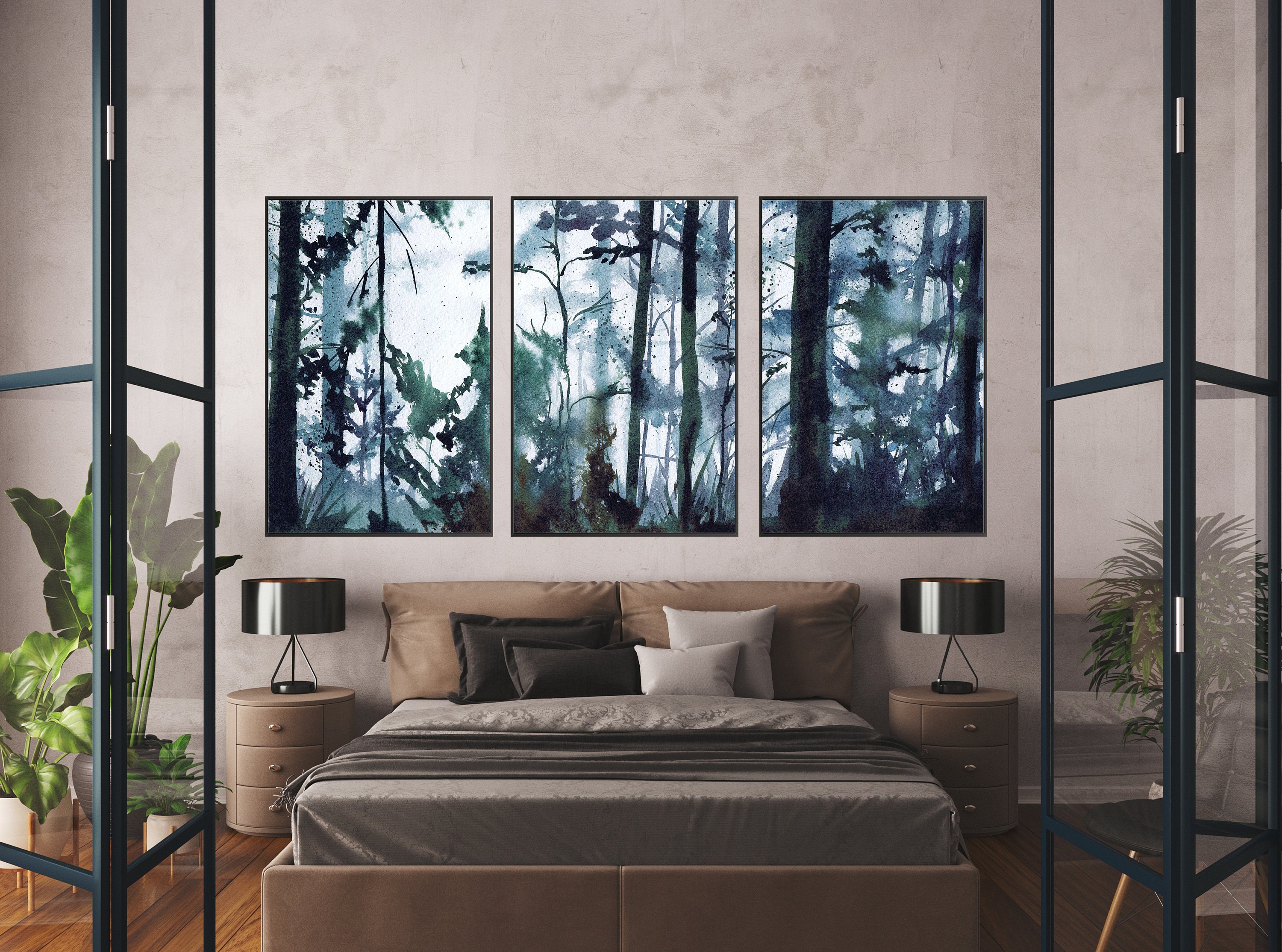 Forest Wall Art Nature Painting Watercrolor Print Set of 3 Etsy