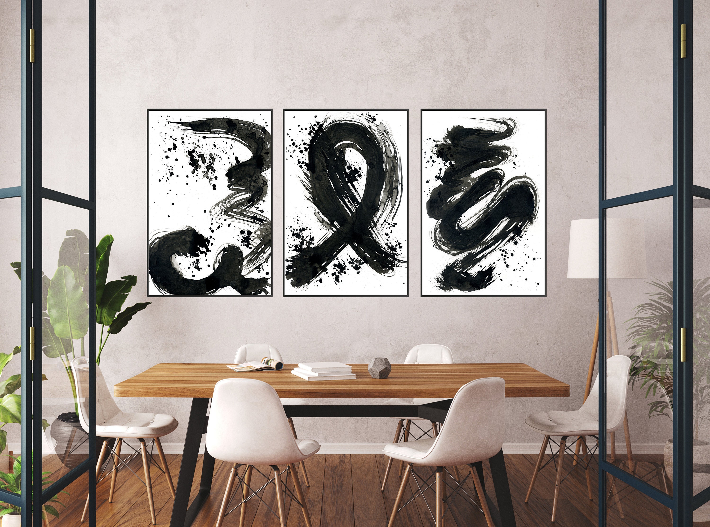 Black Abstract Wall Art Set of 3 Prints Brushstroke Art | Etsy