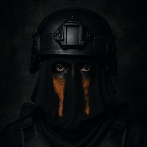 May include: A person wearing a black tactical helmet and a black hood, with orange streaks under the eyes. The person is also wearing a black tactical vest. The image is a close-up shot against a dark background.