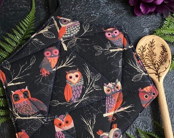 Black Forest Owl Pot Holder / One Hexagon Owl Cottage Core Hot Pad