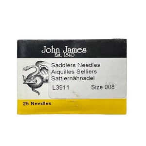 May include: A pack of 25 John James Saddlers Needles, size 008. The pack is yellow with black text and a black and white illustration of a snake. The text on the pack reads "John James Est. 1840 Saddlers Needles Aiquilles Selliers Sattlernähnadel L3911 Size 008 25 Needles".