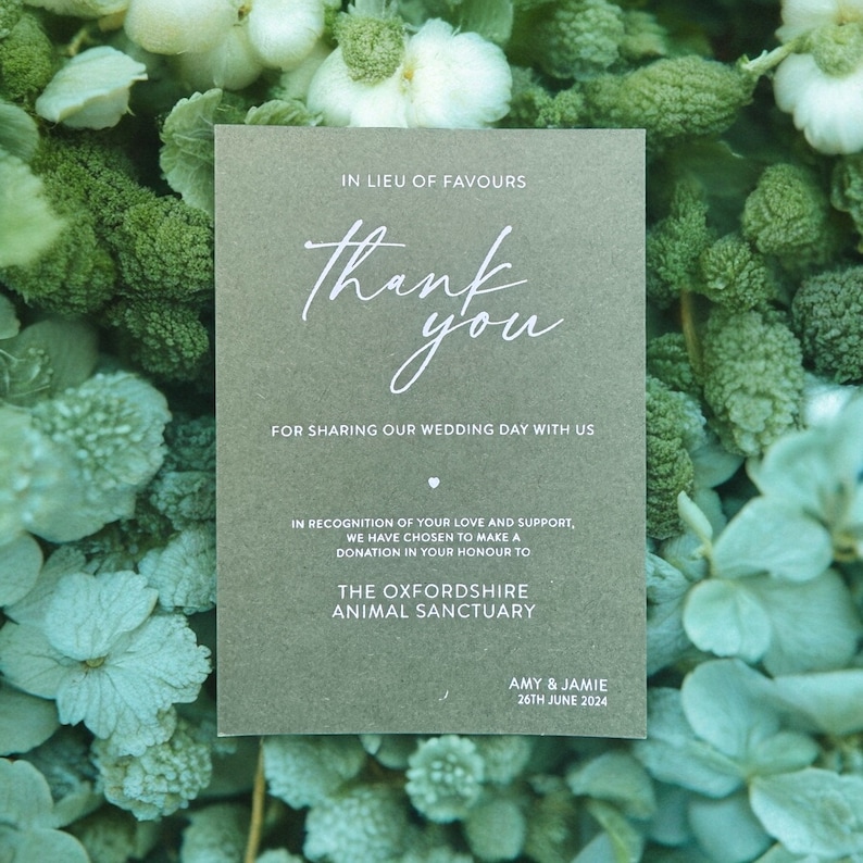 Charity Pin Card wedding favour green with white writing