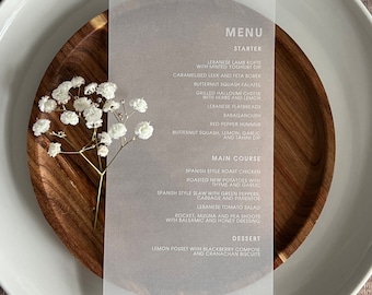 Cartões de menu de café da manhã de casamento em velino Mesa de recepção Velino translúcido (conjunto de 10)