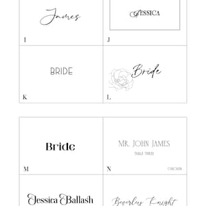 Może przedstawiać: Siatka ośmiu czarno-białych opcji czcionek oznaczonych od I do P. Tekst przedstawia r&oacute;żne imiona i tytuły, w tym James, JESSICA, BRIDE, Bride z ilustracją kwiatu, MR. JOHN JAMES, TABLE THREE, CHICKEN, Jessica Ballash, BRIDESMAID oraz Beverley Knight.