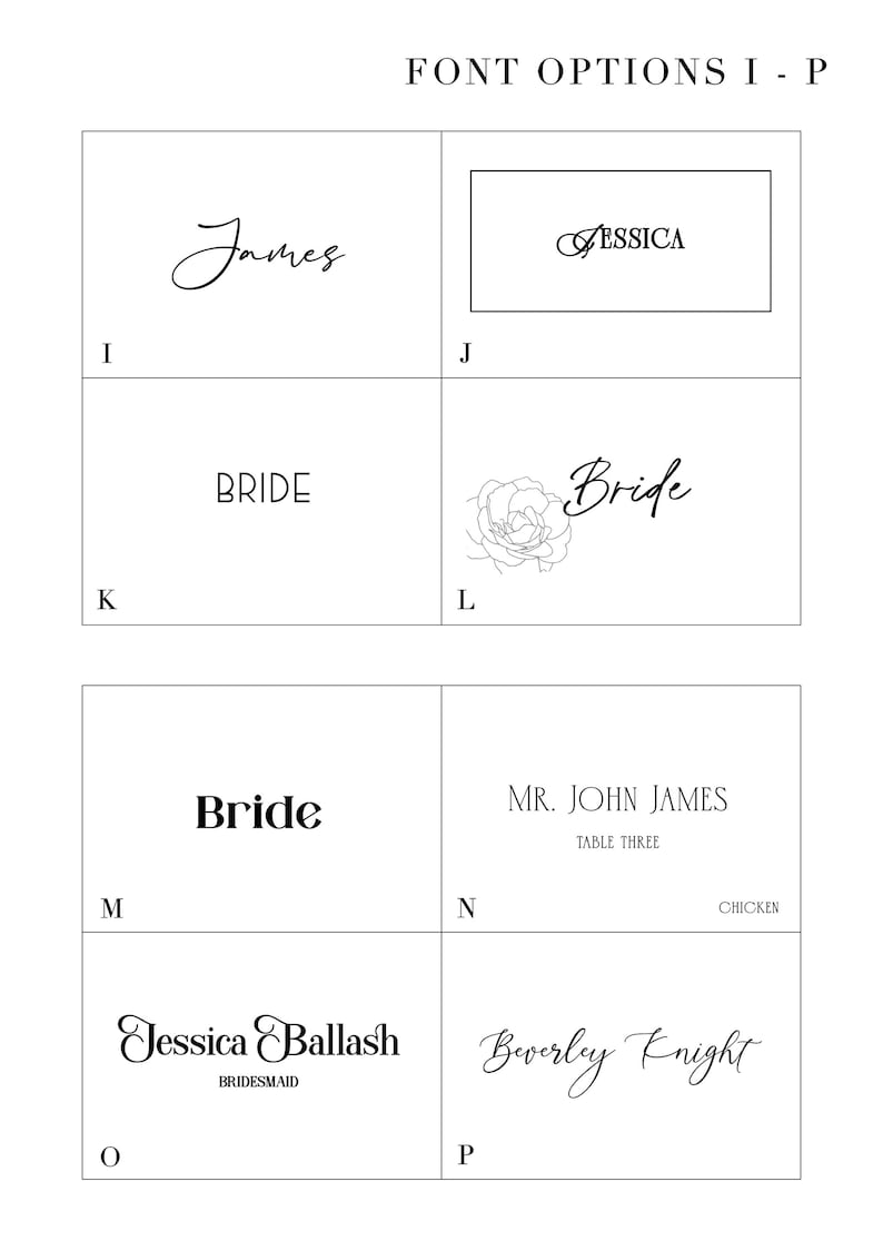 Może przedstawiać: Siatka ośmiu czarno-białych opcji czcionek oznaczonych od I do P. Tekst przedstawia r&oacute;żne imiona i tytuły, w tym James, JESSICA, BRIDE, Bride z ilustracją kwiatu, MR. JOHN JAMES, TABLE THREE, CHICKEN, Jessica Ballash, BRIDESMAID oraz Beverley Knight.