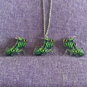 Puede incluir: Un conjunto de joyería que consta de un collar de cadena en tono plateado y dos pendientes a juego, cada uno con un diseño de mantis religiosa en verde vibrante con marcas negras detalladas y acabado brillante sobre base acrílica.
