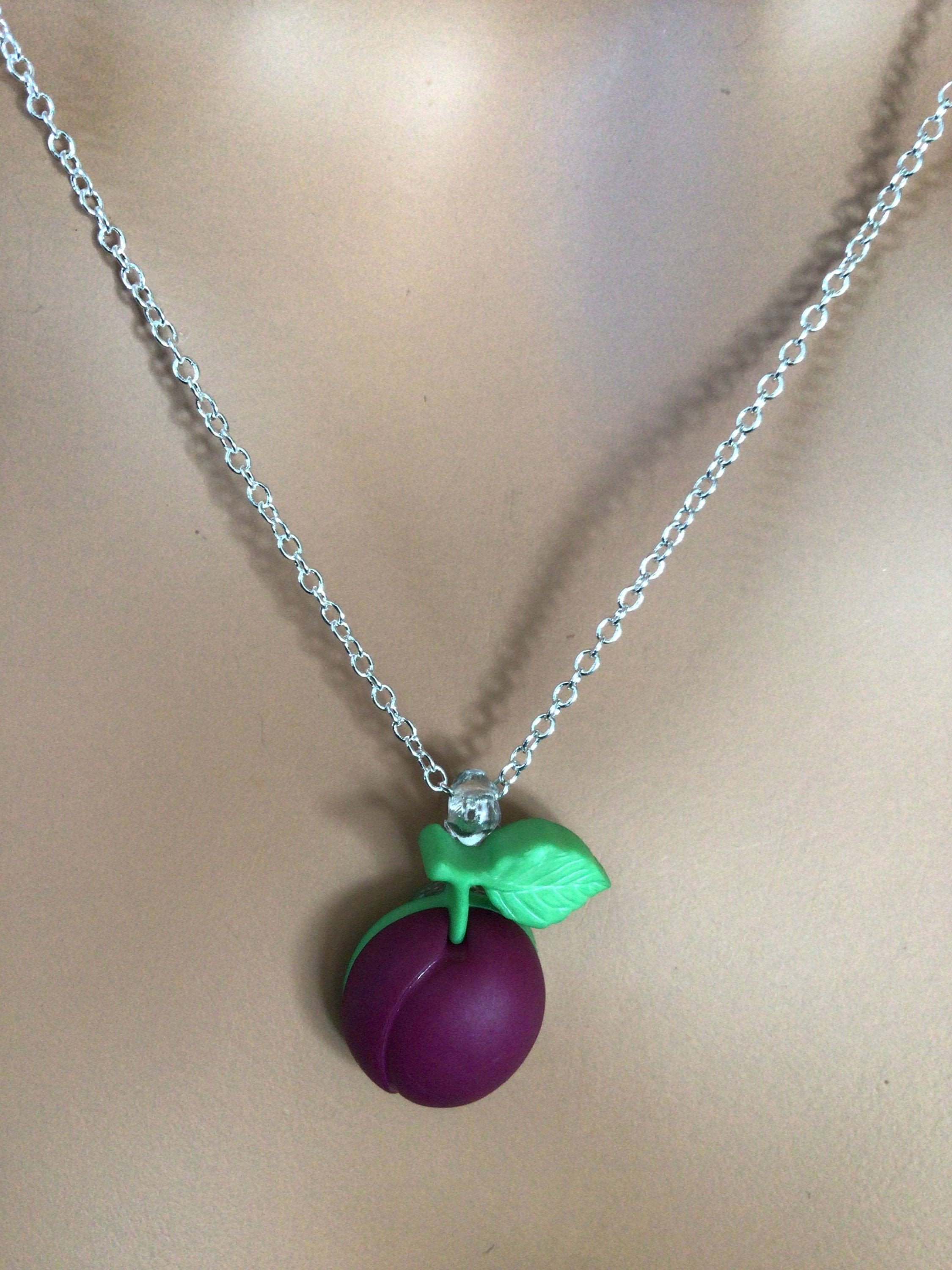 Long Silver Tone Plum Blossom Necklace With Silicone Neck Cord 