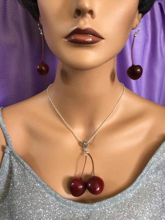 Cherry Stem deep Red Earrings 1580 Etsy