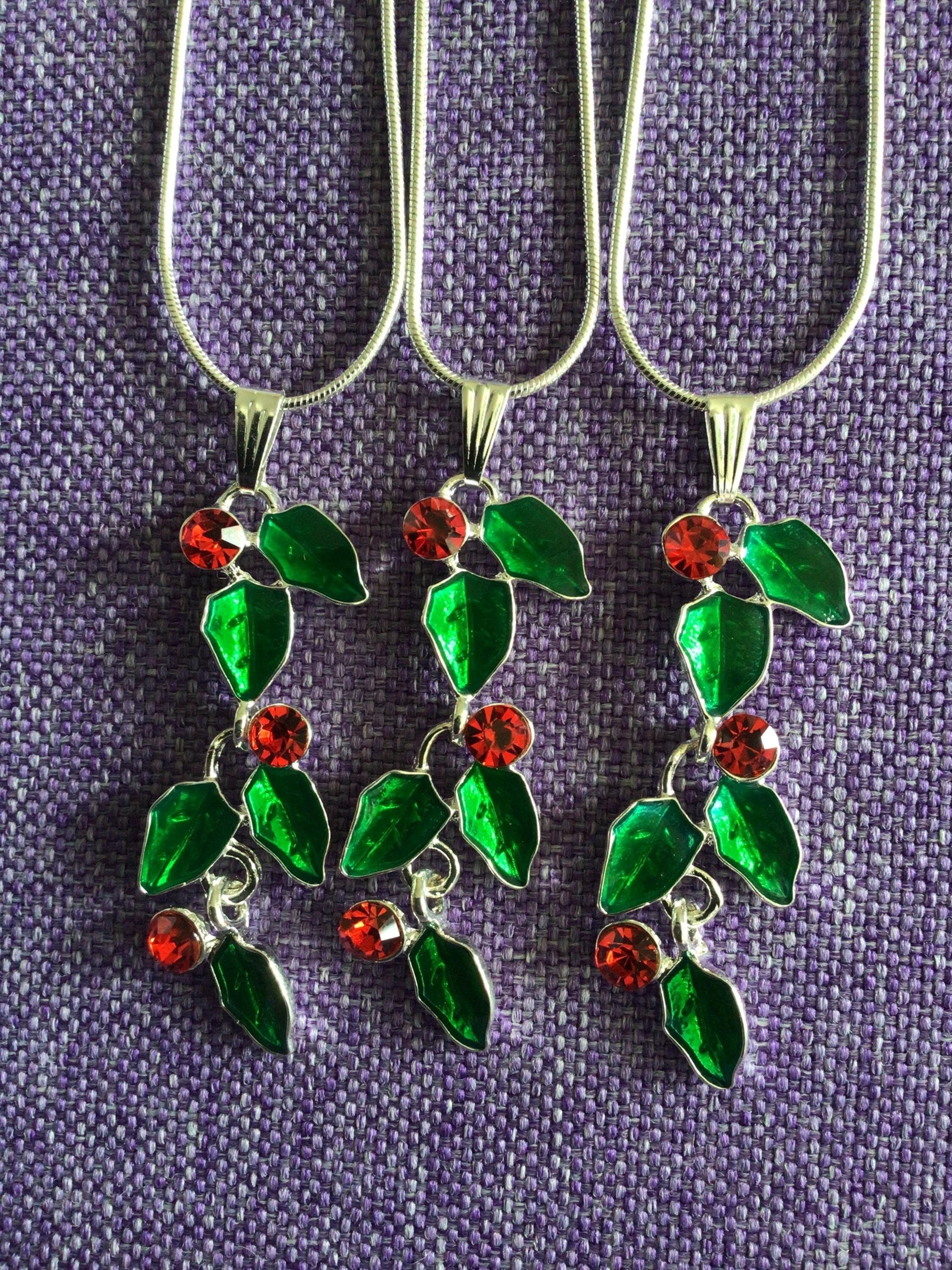 thumbnail image 2 of Christmas Holly Earrings - Green Glitter With Red Berries, Nickel-Free Silver Hooks 2 of 3