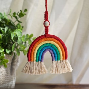 Macrame Rainbow Essential Oil Diffuser for Car, Diffuser with lava rock, Fringe Rainbow, Rearview Mirror Accessory, LGBTQIA, Pride Rainbow