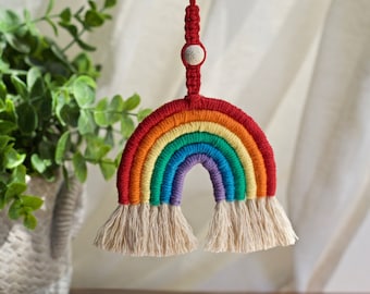 Macrame Rainbow Car Diffuser: Essential Oil Lava Rock Rearview Accessory