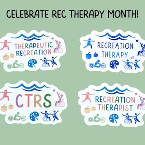 May include: Four colorful stickers with different text and icons related to recreational therapy. The stickers feature a wave design and icons of a person in a wheelchair, a person doing yoga, a paint palette, and a musical note. The text on the stickers reads "Therapeutic Recreation", "Recreation Therapy", "CTRS", and "Recreation Therapist".
