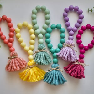 Chunky Wood Bead Car Mirror Hanging: Colorful Tassel Rearview Decor