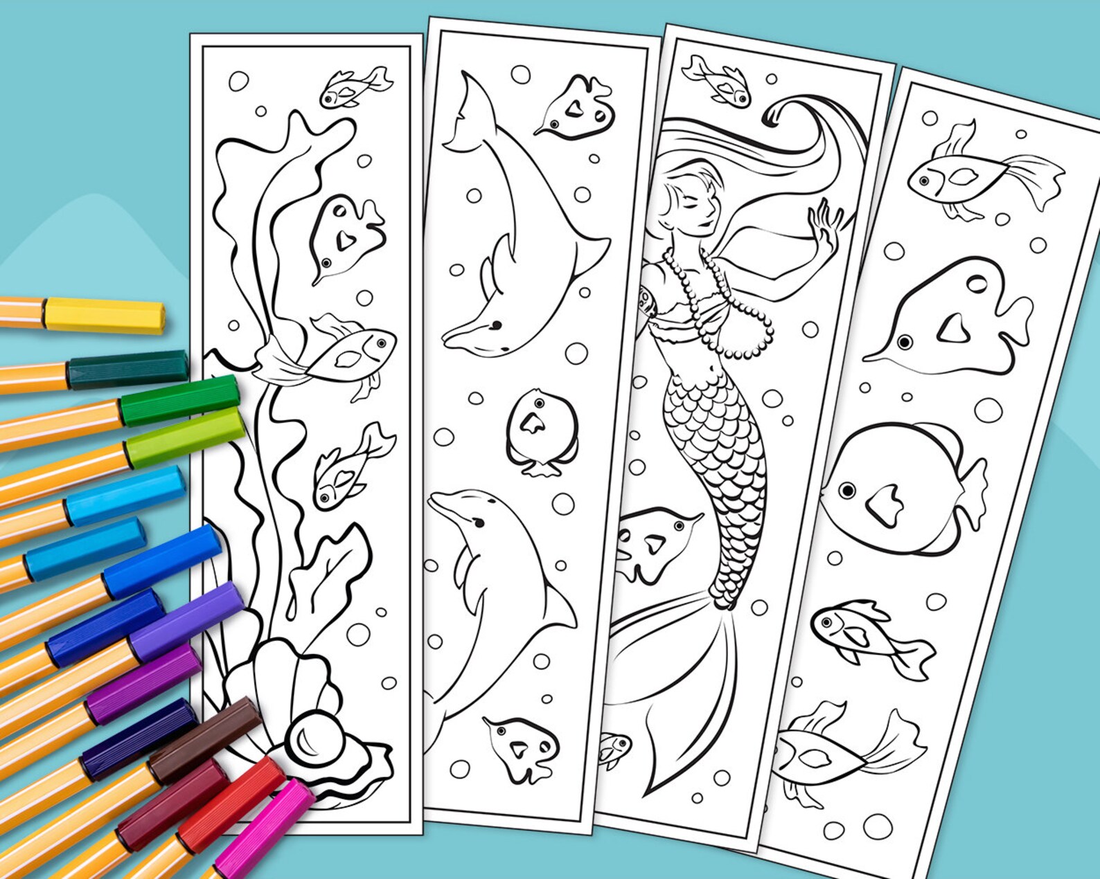 Mermaid Printable Bookmarks Dolphin Coloring Page Color Your Etsy