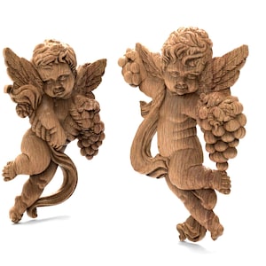 Pair Vintage Memorial Wood Carved Angels Set Cherub Figurines Wall Hanging Furniture Appliques Angel  With Grape For Home Pet Stone Sign DIY