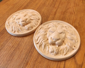 Pair Wood Carved Lion Head Gothic Appliques Rustic furniture Ornament Decoration