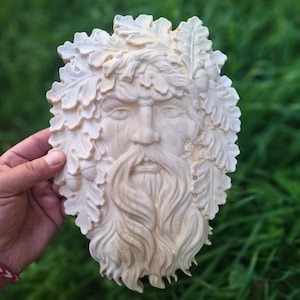 Large Green Man Wall Hanging Plaque Oak Tree Sculpture Hand Carved Forest Man Face For Furniture Applique Outdoor Garden Yard Accent Decor