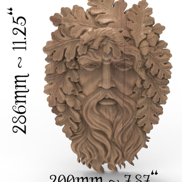 Hand Carved Green Man Oak Wood Wall Plaque with Forest Leaves - Furniture Applique Sculpture for Outdoor or Indoor Use in the Garden or Yard