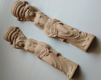 Wood Carved Pair Aphrodite Greek Sculpture Candle holder Fireplace Balusters Set 