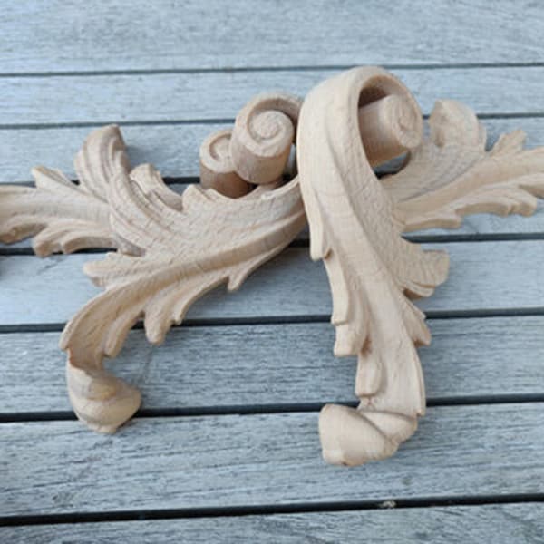 Wood Carved Furniture Baroque Applique Leaves Floral Ornament Onlay