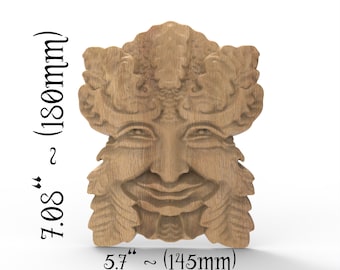 Oak Wood Carved Green Man Wall Plaque with Forest Leaves Furniture Applique Sculpture for Outdoor or Indoor Use in the Garden or Yard