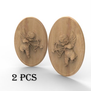 Pair Wood Carved Cupid Cherub Love Gift Oval Religious Wall Plaque Cherub with Bow Wooden Angels Plaque Wooden Appliqué Wall Hanging Decor