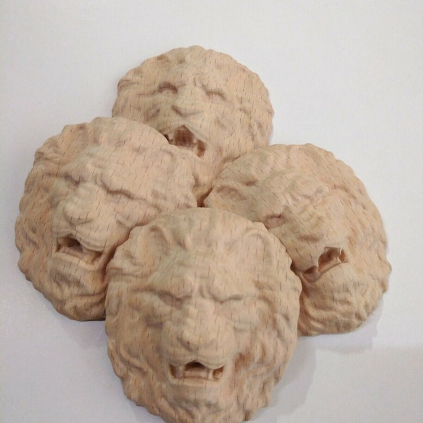 Lot de 4 appliques tête de lion en bois sculpté pour portes de tiroir - Onlays décoratifs en hêtre brut à réparer et à restaurer
