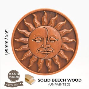Scultura in legno di sole e luna, rotonda, da 150 mm, in faggio massello, fatta a mano, decorazione celeste, scultura in rilievo non verniciata, ornamento rustico per la casa.