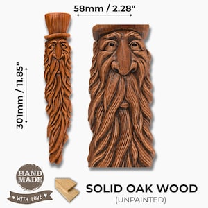 Green Man Forest Spirit Hand Carved Wood Ornament Rustic Beard Wizard with Top Hat Whimsical Woodland Folk Art Garden Fantasy Carving Gift